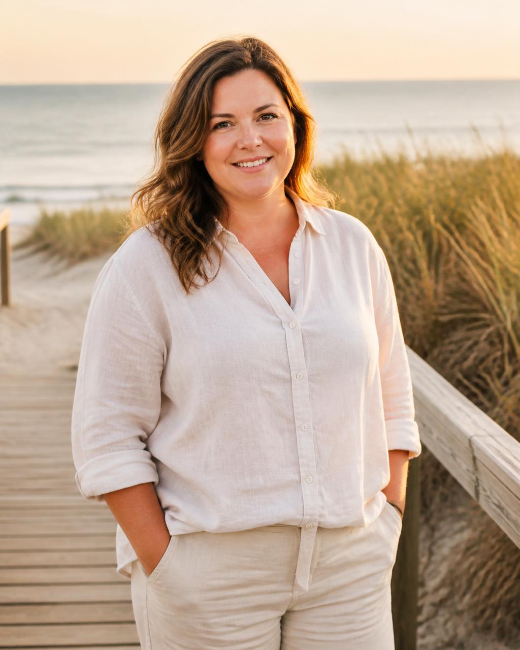 A woman standing on a coastal boardwalk in warm evening light
